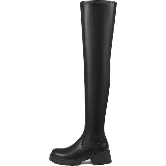 Womens Black Polyurethane (PU) Rounded Toe Chunky Heel Stretch Thigh High Boots - Picture 2 of 7